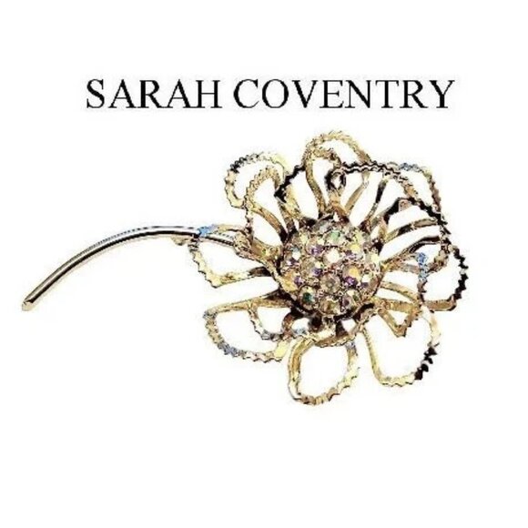 Sarah Coventry Crystal Crimped Flower Leaf Pin Brooch Gold Tone - Picture 1 of 6